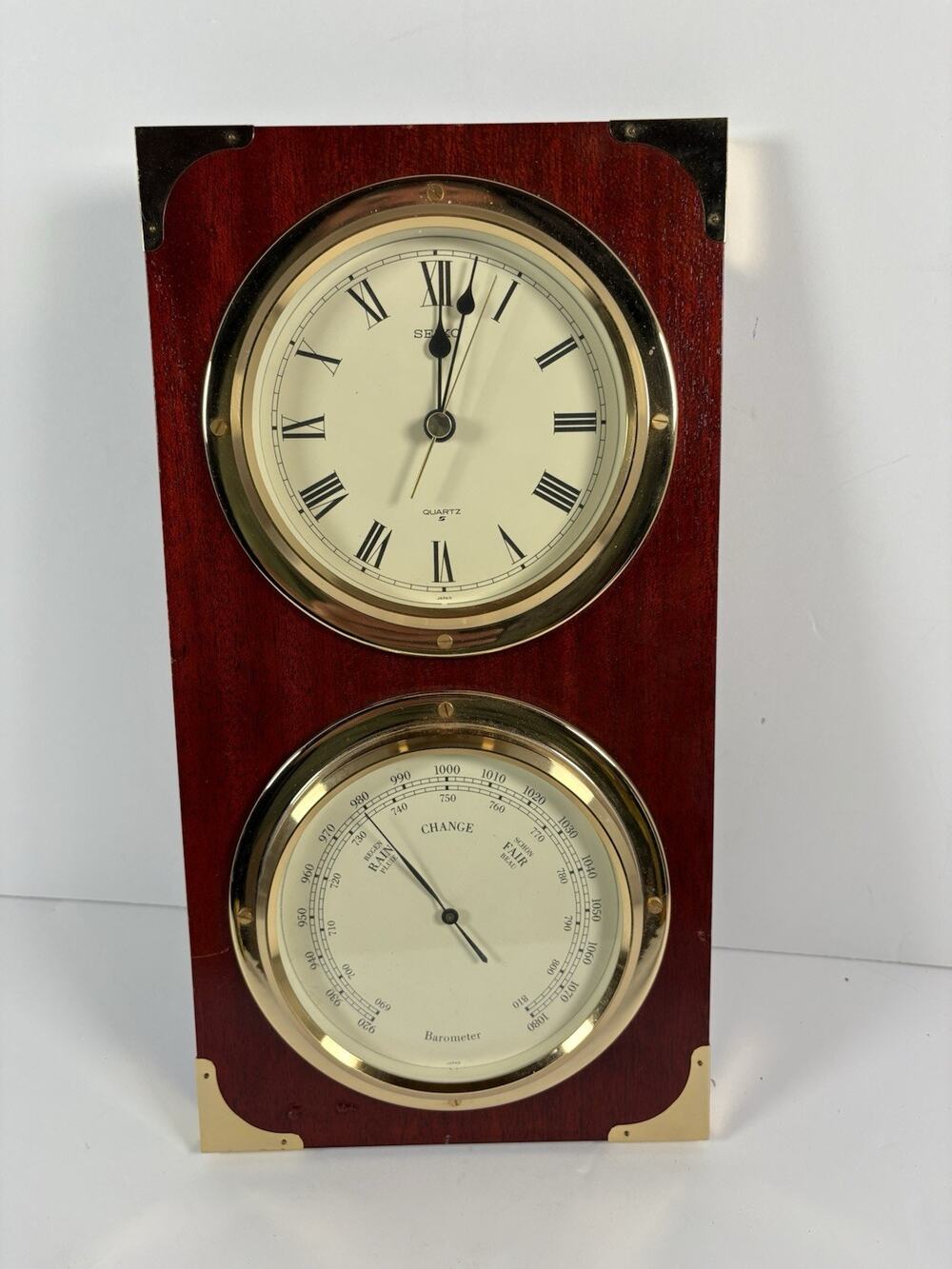 Seiko Quartz Wall Clock Barometer Weather Station Wood Plaque Japan